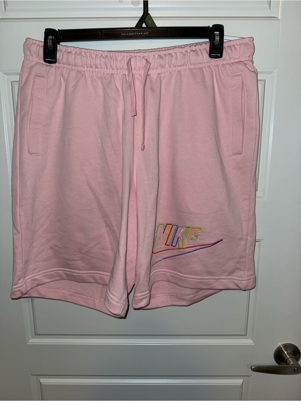 Nike Pink Fleece Shorts with Rainbow Swoosh
